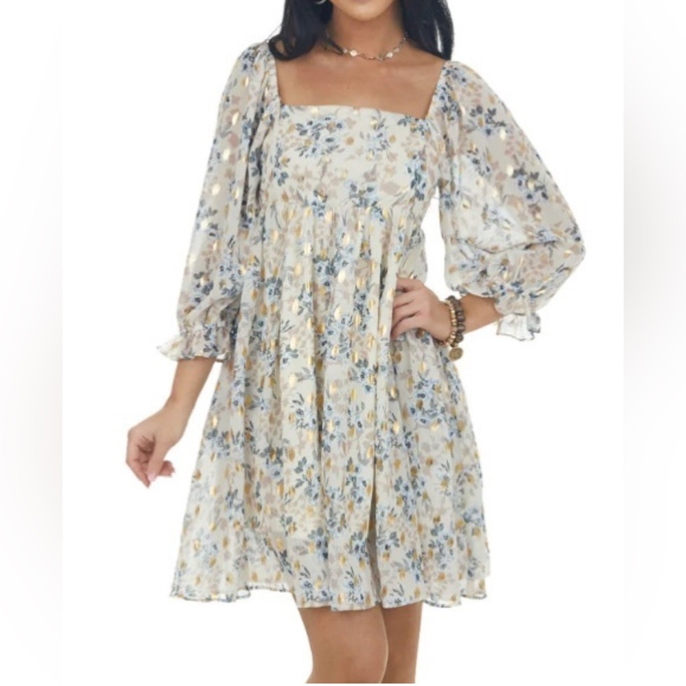 Sweet Lemon Balloon Sleeve Floral Print Square Neck‎ Mini Dress Size Large